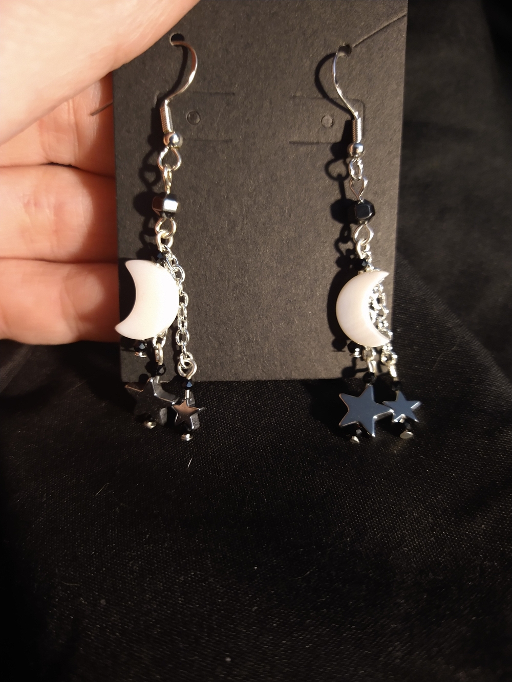 Moon & Star Dangle Earrings in White and Black - Women's Jewelry